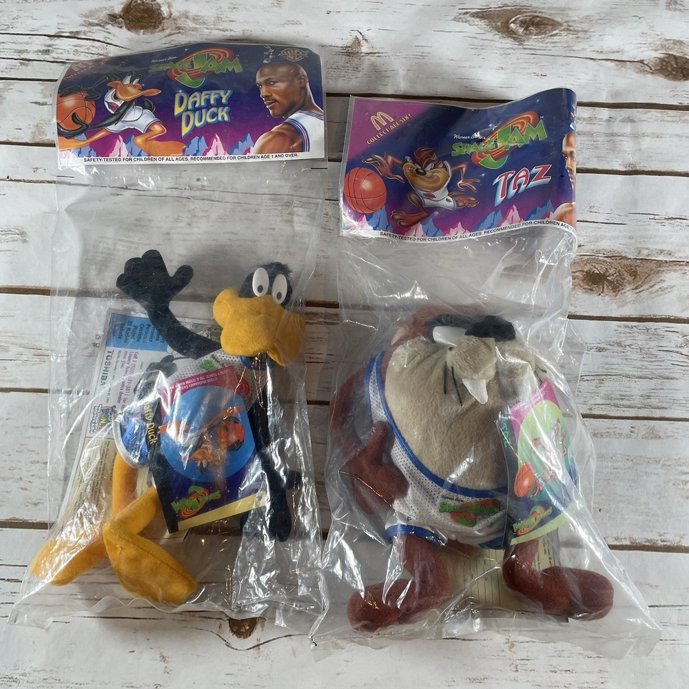 Vintage 1996 Space Jam McDonald's Happy Meal Plush Toys Daffy Duck & Taz Sealed